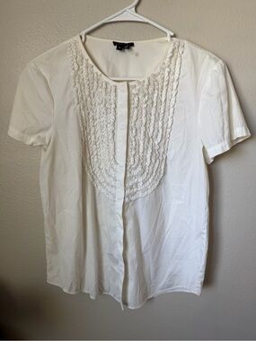 Theory Women’s White Ruffle Front Blouse Top Short Sleeve Button Up Size M